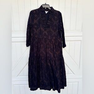 Crown & Ivy Black Midi Dress S Metallic Detail Ruffle Neck Pockets 3/4 Sleeve